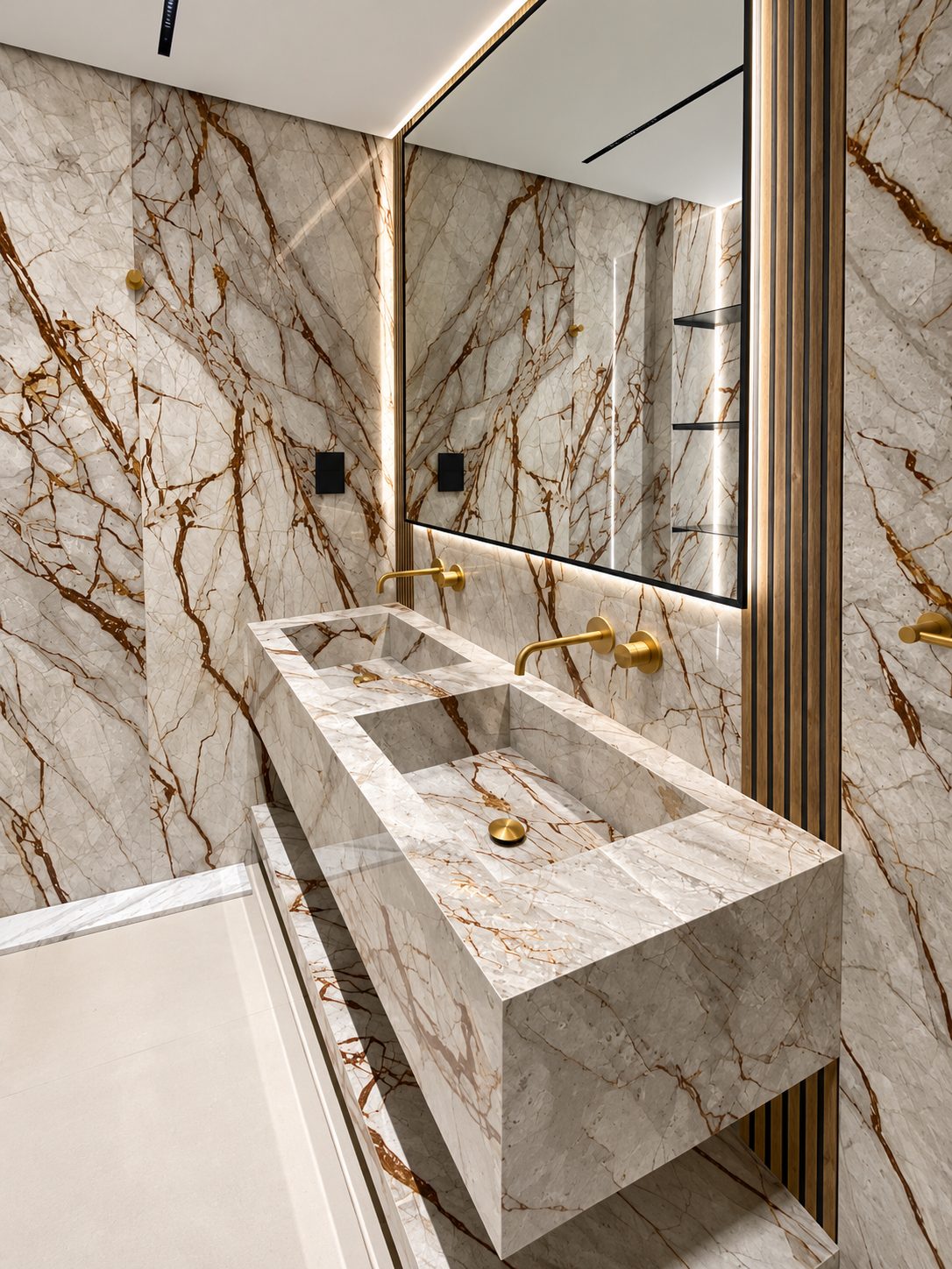 Gold-veined marble double vanity with brushed brass taps and a backlit mirror