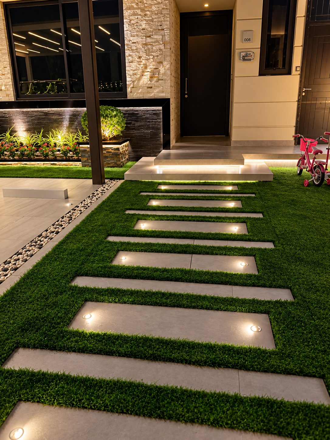 Lit stepping-stone pathway across the lawn to a villa entrance at night