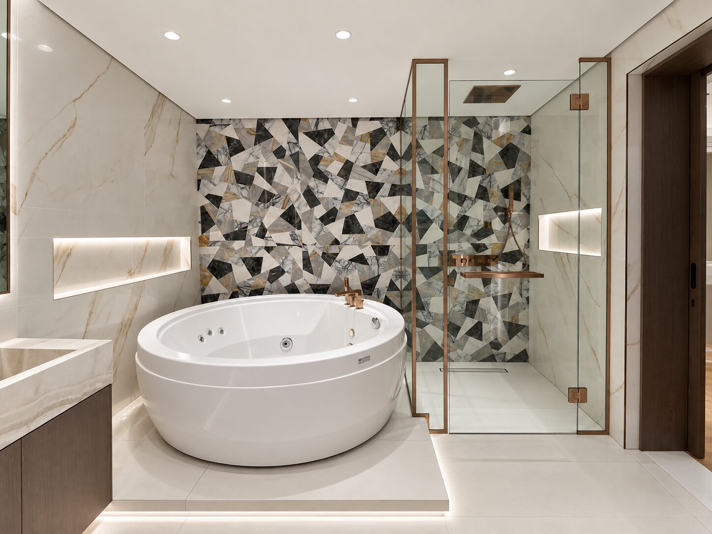 2BHK apartment in Arabian Ranches — master ensuite with fractured marble mosaic wall and freestanding tub