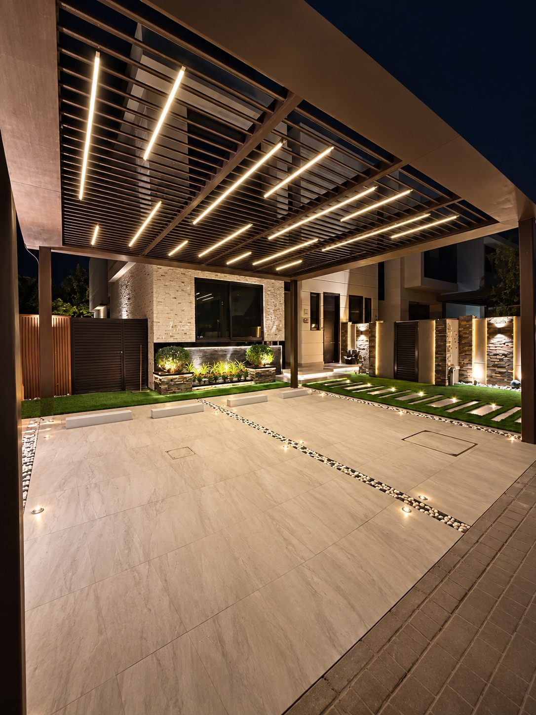 Villa driveway in Damac Hills 1 under a slatted pergola with linear LED lighting, lit at night