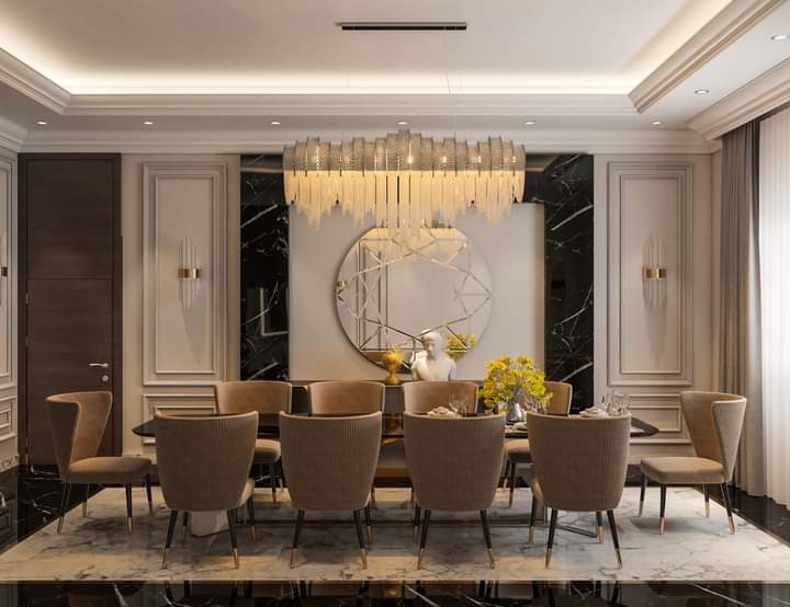 Formal dining room in Dubai Hills — 12-seat table beneath a crystal chandelier