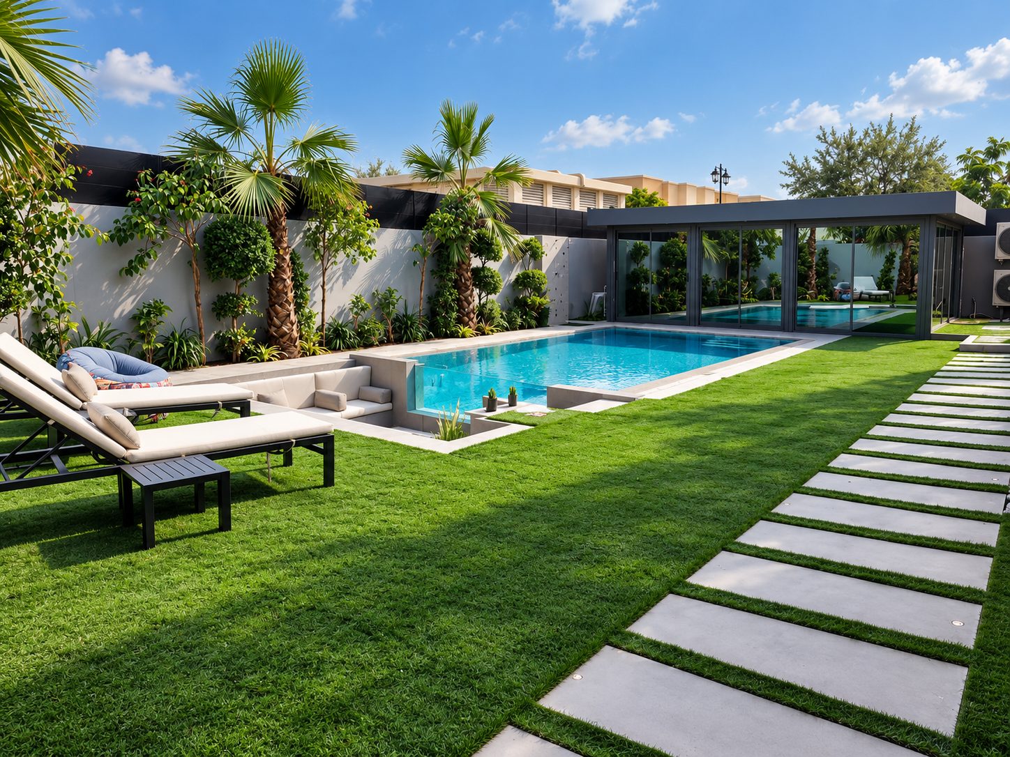 Pool garden in Jumeirah 1 — glass-sided pool beside a sunken lounge and lawn, with a glass pool house behind